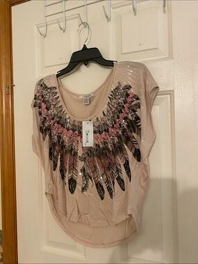 Swoon Boutique Blush Pink Feather-Print Sequin Crop Top